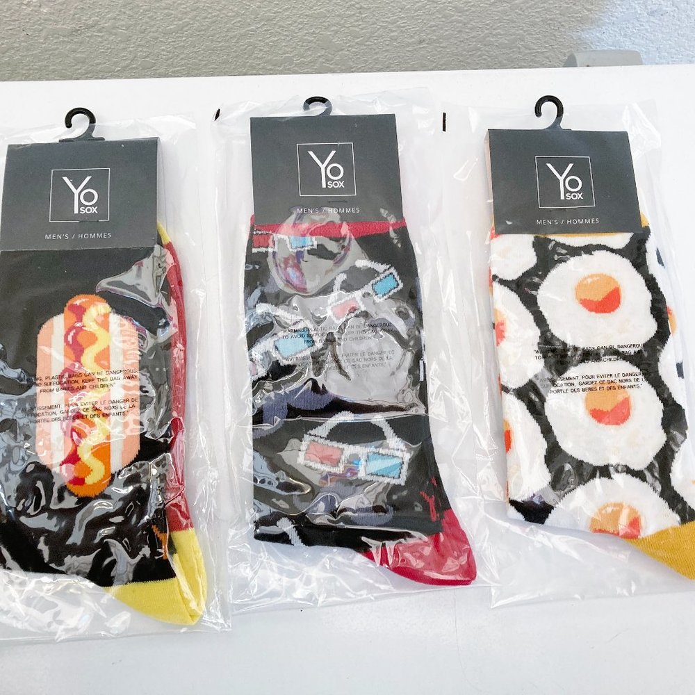 NEW YO SOX Bundle 3 Pairs Mens Fun Socks Eggs Hot Dog Movie Night 3D Glasses